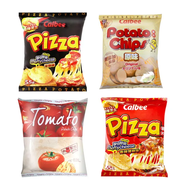 【Calbee 卡樂比】薯片任選-披薩/原味/番茄/香辣披薩(55g) 3入組
