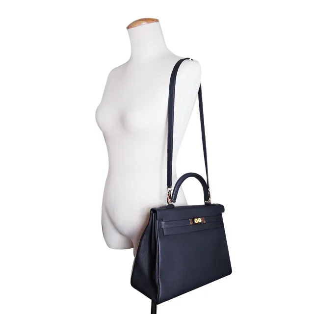 【Hermes 愛馬仕】Kelly 32CM A年 Togo牛皮手提/肩背凱莉包(2Z深藍/金釦)
