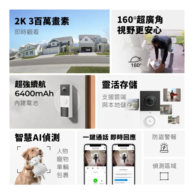 【TP-Link】Tapo D210 2K 300萬畫素 AI智慧無線視訊門鈴(全彩夜視/160°超廣角全身入鏡/支援512GB)