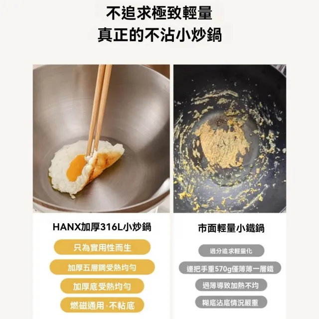 【諾必行】20cm炒菜鍋 無塗層 不沾鍋 316不鏽鋼炒鍋 一人食不粘小鐵鍋