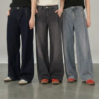 【gozo】3.0 零著感Q彈打褶牛仔寬褲(顯瘦/牛仔寬褲/牛仔褲/牛仔長褲/顯瘦長褲/丹寧長褲)