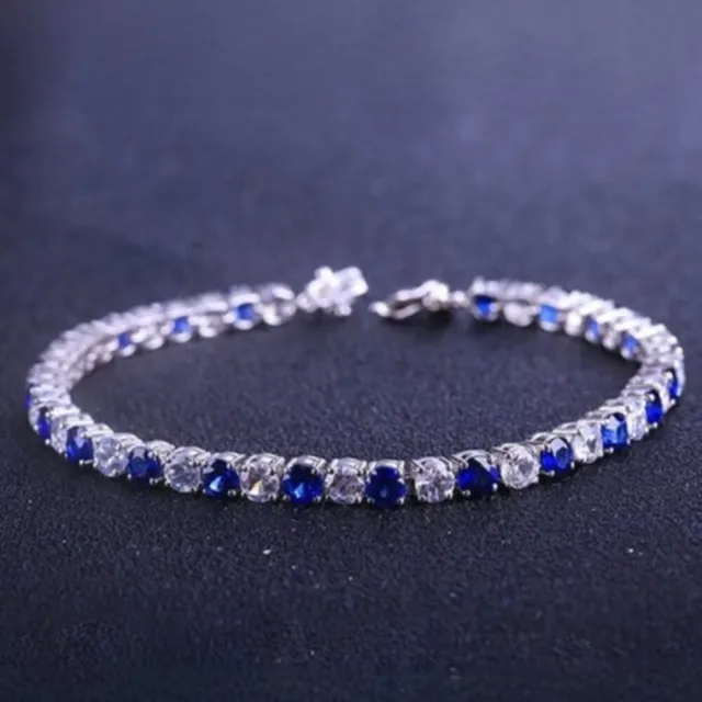 海斯珠寶 6.5克拉天然矢車菊藍寶石 白藍寶 18K白金手鍊 圓形明亮式切割 經典網球手鍊 高級珠寶