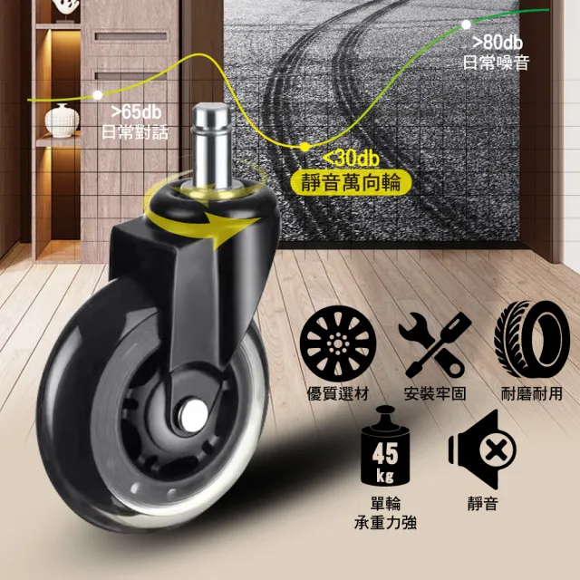 【G+ 居家】2組辦公椅2.5吋萬向輪5入組-透明黑(活動腳輪/電腦椅輪子/靜音輪/萬向輪/直插式)
