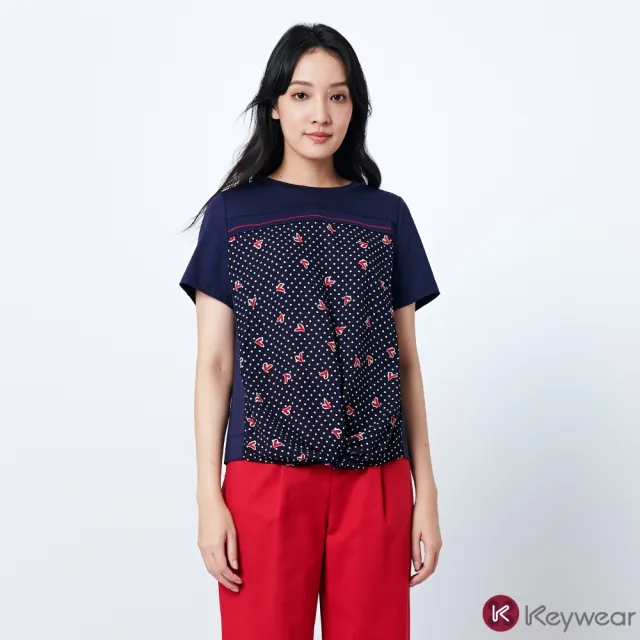 【KeyWear 奇威名品】活潑愛心印花拼接短袖上衣
