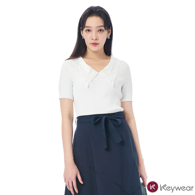 【KeyWear 奇威名品】浪漫拼接翻領針織上衣