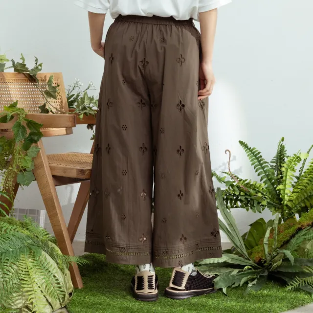 【MOSS CLUB】全棉蕾絲布下襬抓摺寬褲 黑 白 綠(魅力商品)