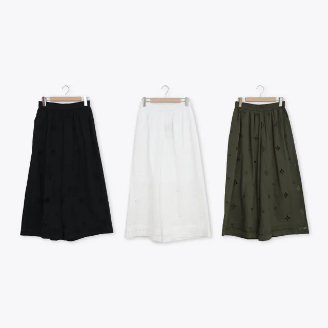 【MOSS CLUB】全棉蕾絲布下襬抓摺寬褲 黑 白 綠(魅力商品)