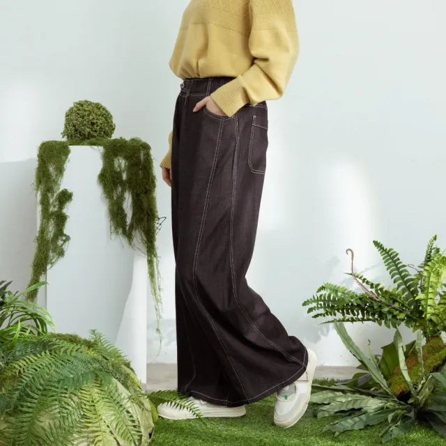 【MOSS CLUB】涼感牛仔洗色寬褲 藍 黑