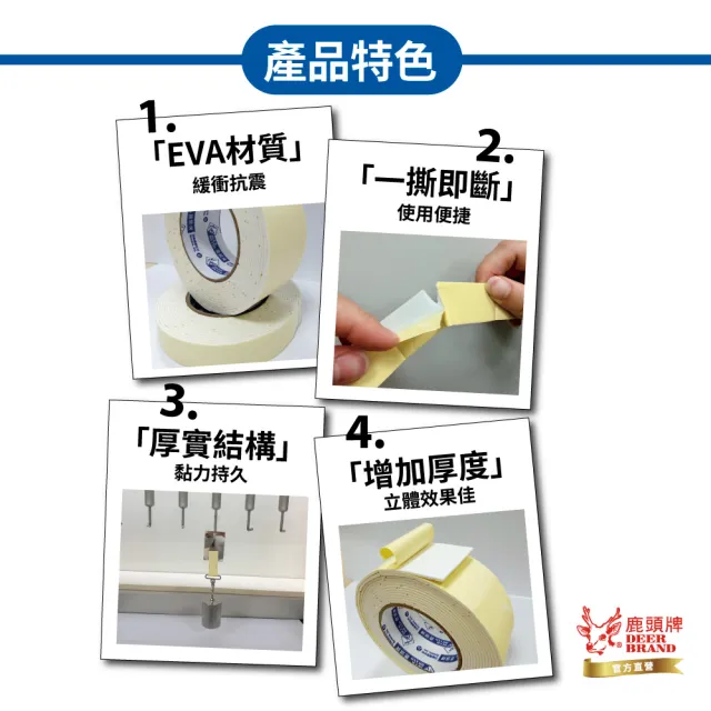 【DEER BRAND 鹿頭牌】泡棉雙面膠帶16入組 18mm x 5Y