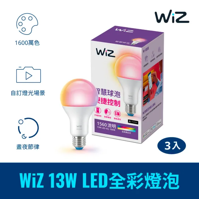 【PHILIPS 飛利浦照明】WiZ 13W LED全彩燈泡 3入(PW019)