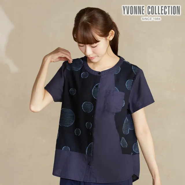 【YVONNE 以旺傢飾】棉麻圓圈剪花短袖開襟衫-丈青
