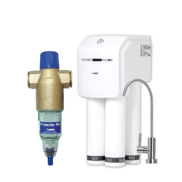 【BWT 德國倍世】SLIM4 四道式鎂離子生飲水淨水器+手動反洗雜質過濾器(含基本安裝 SLIM 4 + Protector)