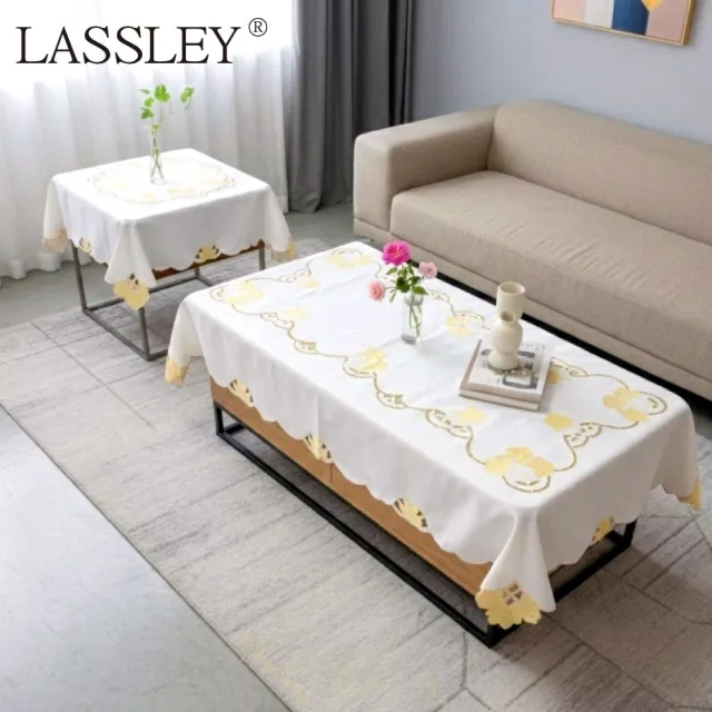 【LASSLEY】花朵刺繡方形桌巾｜茶几巾-110X110cm(圓桌 正方桌 茶几桌 客廳 餐桌 桌布 百合花)