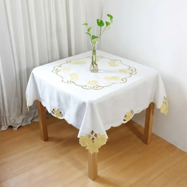 【LASSLEY】花朵刺繡方形桌巾｜茶几巾-110X110cm(圓桌 正方桌 茶几桌 客廳 餐桌 桌布 百合花)