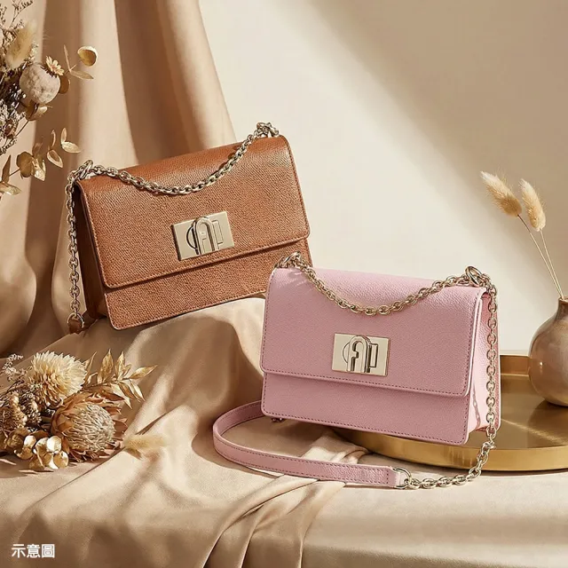 【FURLA 芙拉】FURLA 1927金屬拱門LOGO設計防刮皮革搭金鏈帶旋鈕式斜背方包(迷你/多色)