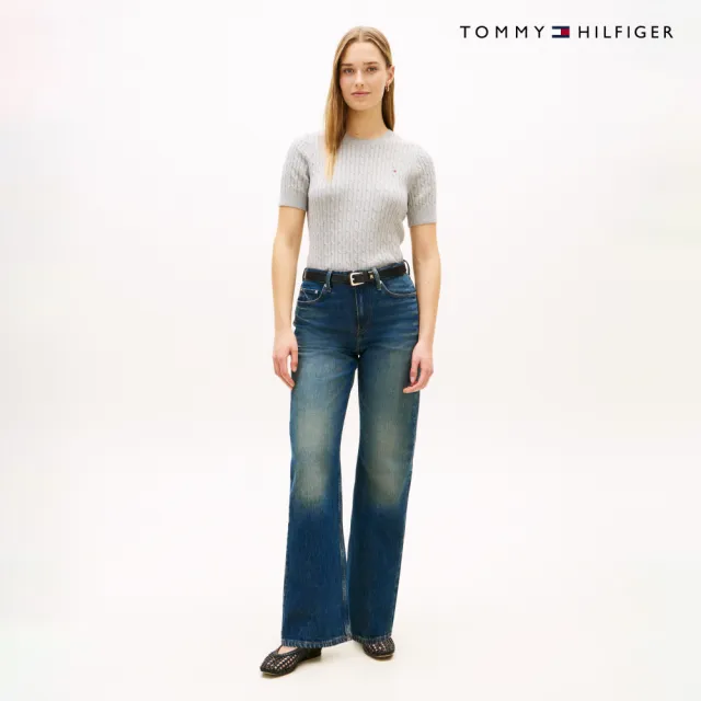 【TOMMY HILFIGER】官方旗艦館絞花針織短袖針織上衣_灰色