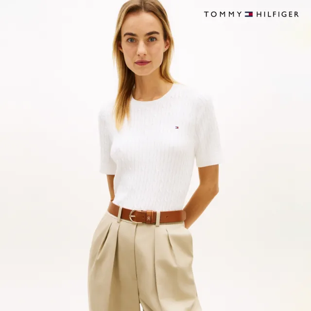 【TOMMY HILFIGER】官方旗艦館絞花針織短袖針織上衣_裸色