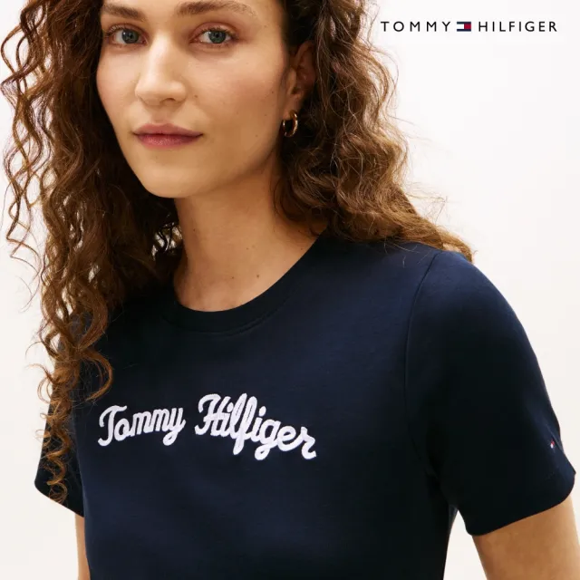 【TOMMY HILFIGER】官方旗艦館草書風標誌雙針織棉 T 恤_藍色