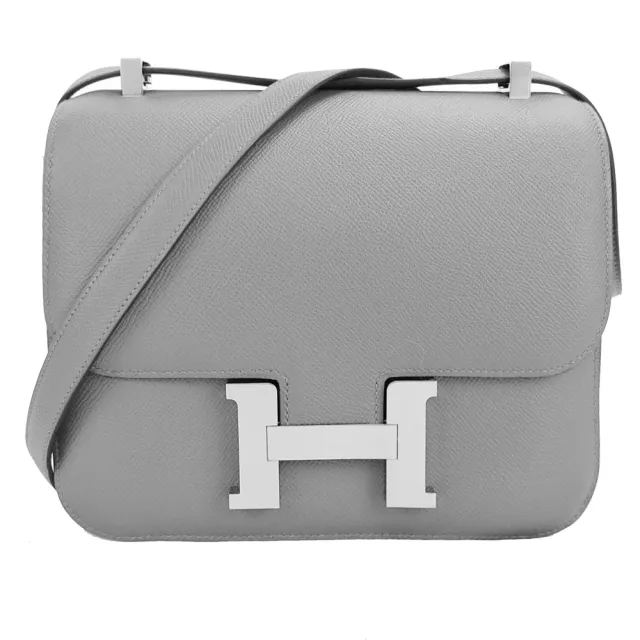 【Hermes 愛馬仕】Constance 24CM 8U Epsom X刻牛皮斜背包(冰河灰/銀釦)