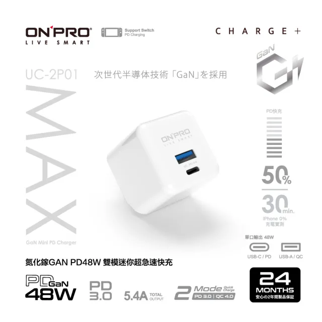 【ONPRO】UC-2P01 GAN 48W 第四代氮化鎵超急速充電器(Max版)