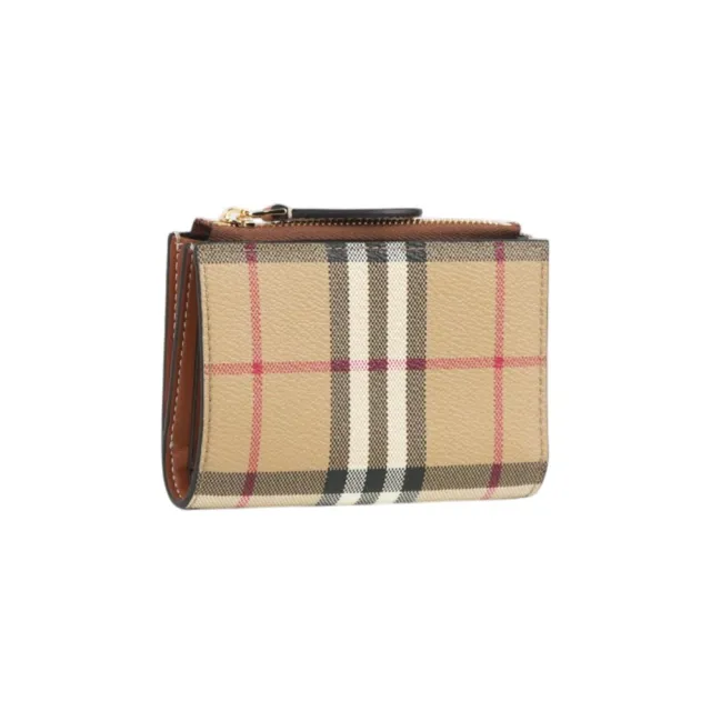 【BURBERRY 巴寶莉】格紋及小牛皮釦式二折短夾(經典米色/石楠木棕)