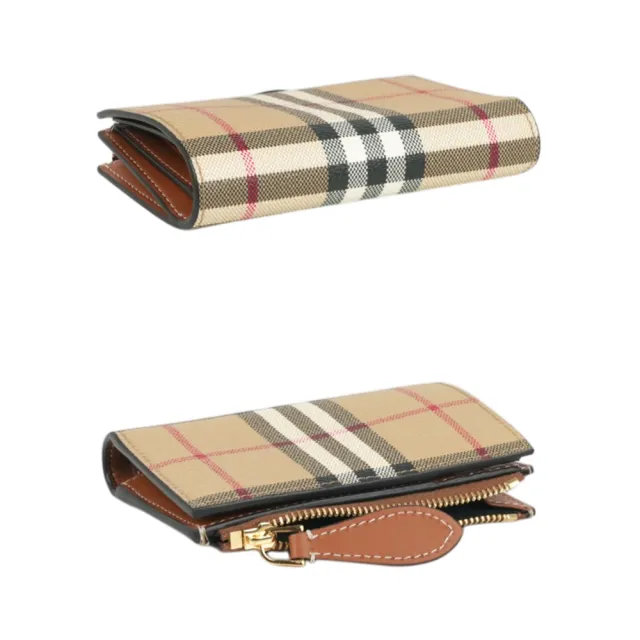【BURBERRY 巴寶莉】格紋及小牛皮釦式二折短夾(經典米色/石楠木棕)