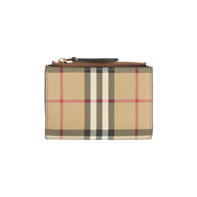 【BURBERRY 巴寶莉】格紋及小牛皮釦式二折短夾(經典米色/石楠木棕)