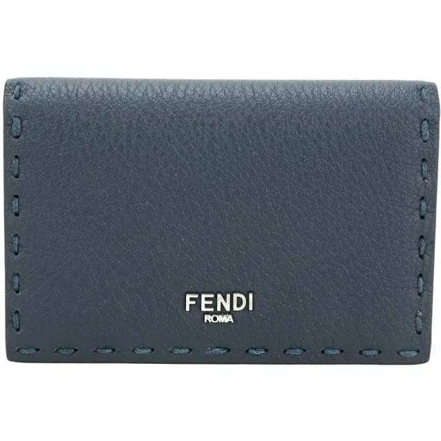 【FENDI 芬迪】Selleria 縫線荔紋小牛皮撞色內裡對折卡片夾 零錢包-深藍