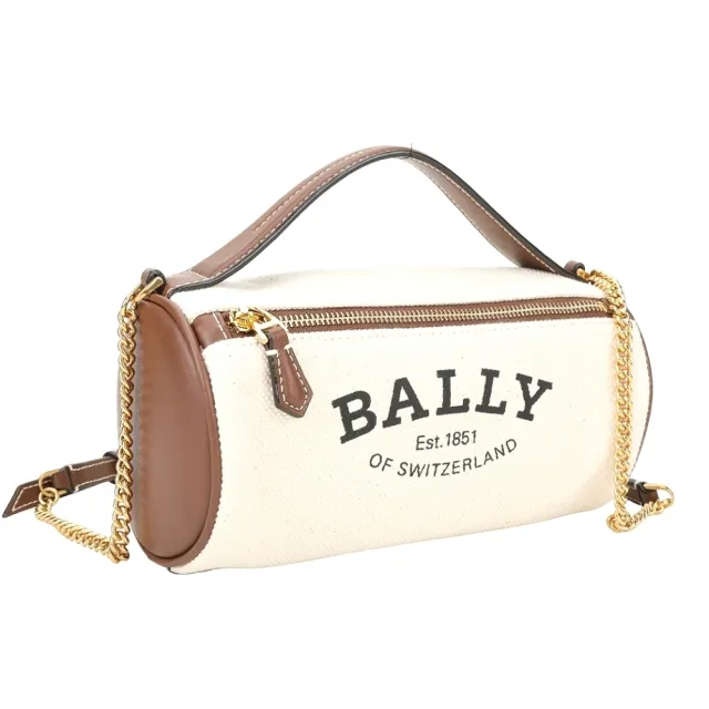【BALLY】Calyn 字母印花拼帆布手提 肩斜背圓筒包-米白x咖棕