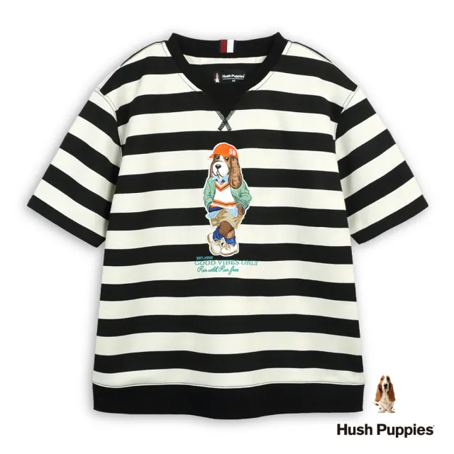 【Hush Puppies】男裝 上衣 簡約橫條紋棒球帽狗寬版上衣 (黑色 / 63110110)