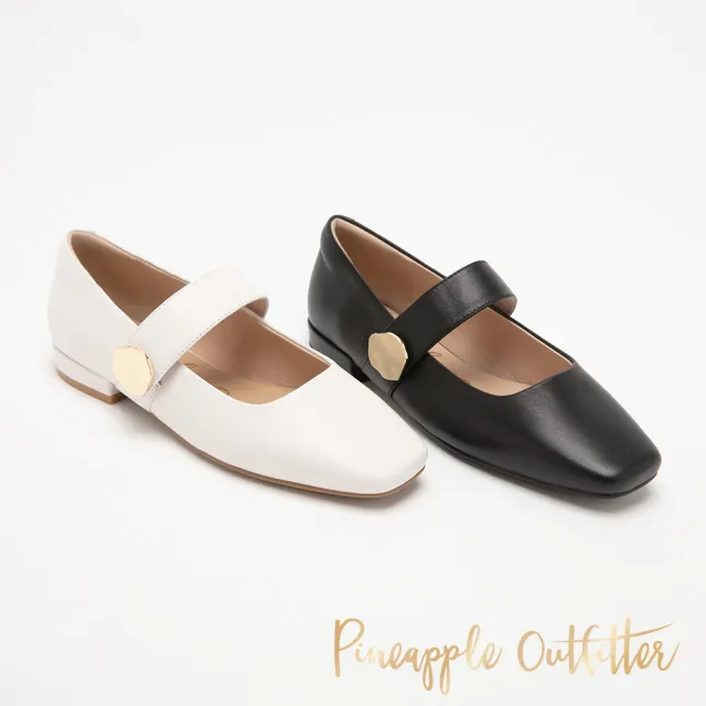 【Pineapple Outfitter】不規則釦飾真皮方頭瑪莉珍鞋DELL(白色)