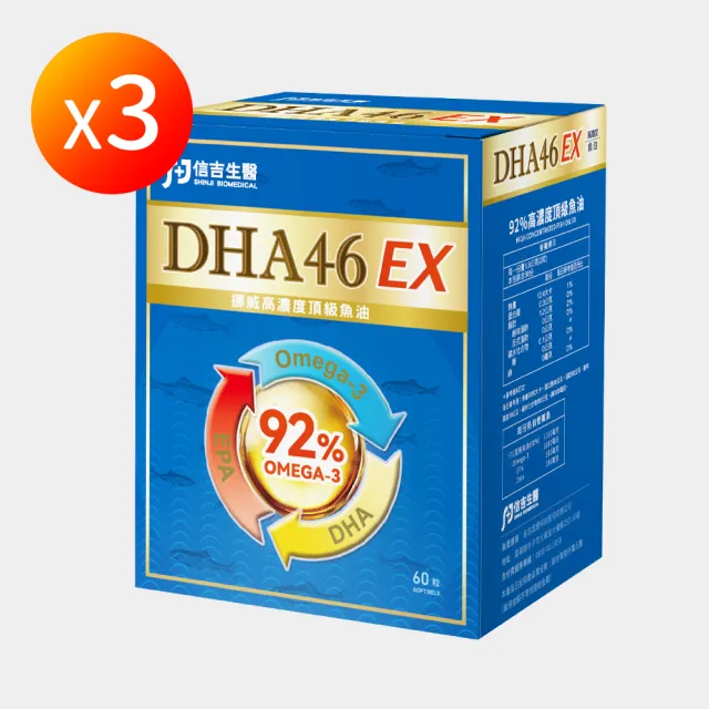 【信吉生醫】DHA46 EX rTG高濃度魚油膠囊X3(Omega-3 92%以上 rTG 魚油)