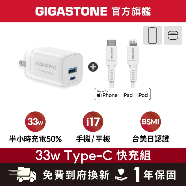 【Gigastone 立達國際】PD/QC3.0 33W急速快充充電器+C to Lightning MFi充電線(iPhone 14以下蘋果充電頭組)