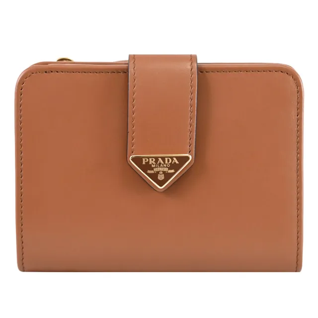 【PRADA 普拉達】經典三角LOGO小牛皮扣式多夾層零錢中短夾(咖)