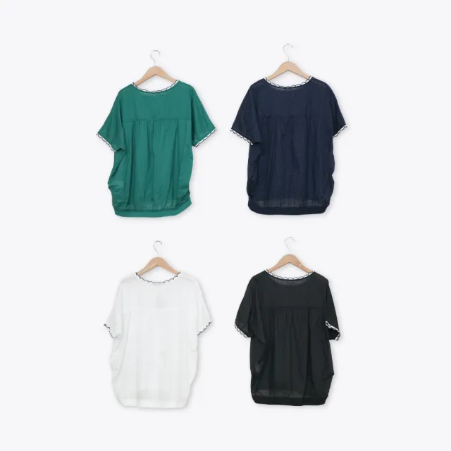 【MOSS CLUB】黑白編織花邊點點薄棉連袖上衣 藍 黑 白 綠(魅力商品)