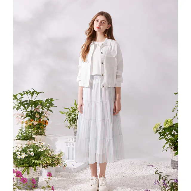 【IENA】柔感條紋雪紡印花蛋糕裙（#6272008 直紋、半身裙、蛋糕裙；綠色）