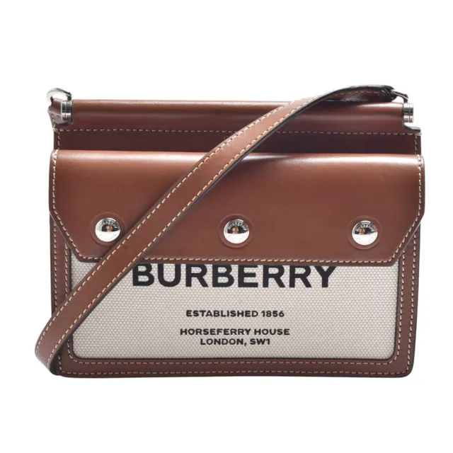 【BURBERRY 巴寶莉】經典品牌Horseferry系列牛皮拚帆布斜背包(米白/咖)