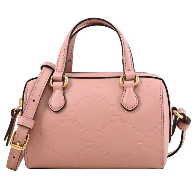 【GUCCI 古馳】GG Super Mini 經典雙G壓紋迷你手提波士頓包兩用包(柔粉)