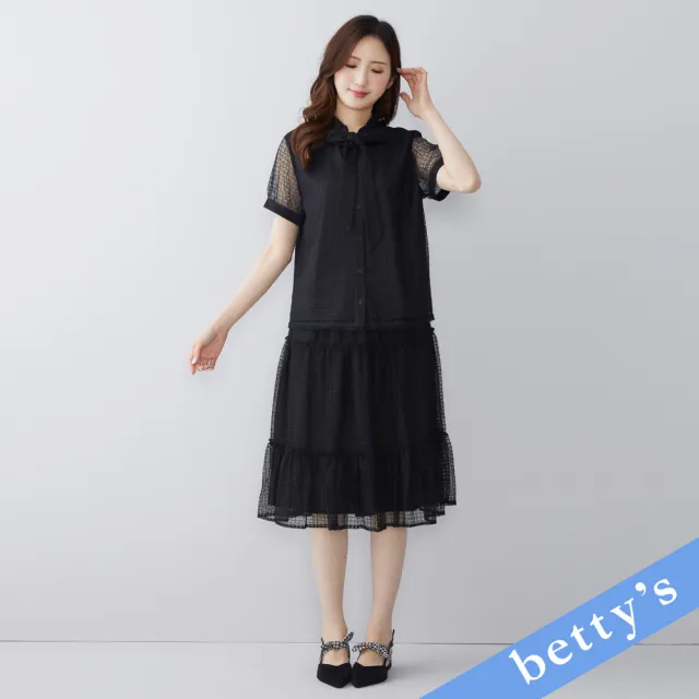 【betty’s 貝蒂思】洞洞蕾絲領口綁帶短袖襯衫(黑色)