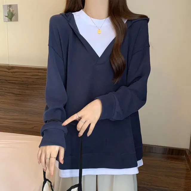【LANNI 藍尼】★通勤假兩件連帽上衣(女裝/女上衣/帽T/休閒/百搭/日系)