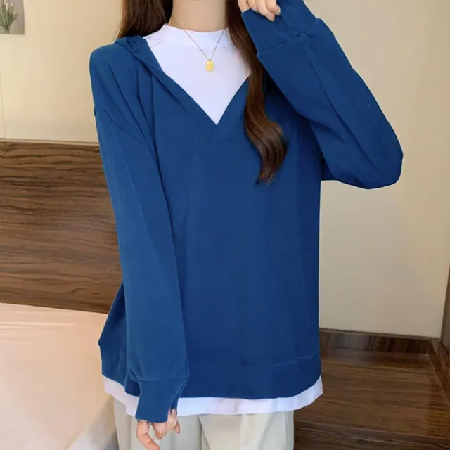 【LANNI 藍尼】★通勤假兩件連帽上衣(女裝/女上衣/帽T/休閒/百搭/日系)