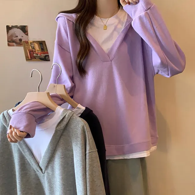 【LANNI 藍尼】★通勤假兩件連帽上衣(女裝/女上衣/帽T/休閒/百搭/日系)