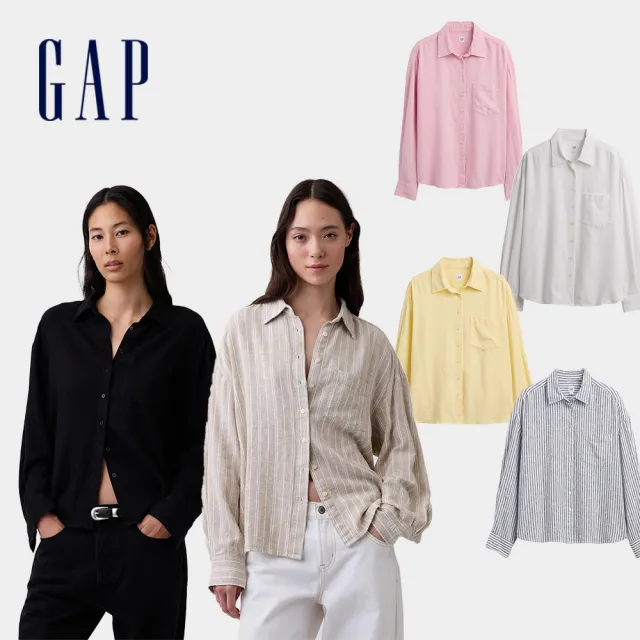 【GAP】寬版亞麻混紡襯衫-多色任選(887443)
