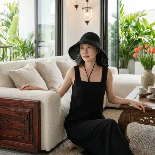 【HaNA 梨花】微風系穿搭｜法式蕾絲感鏤空編織繫帶遮陽帽