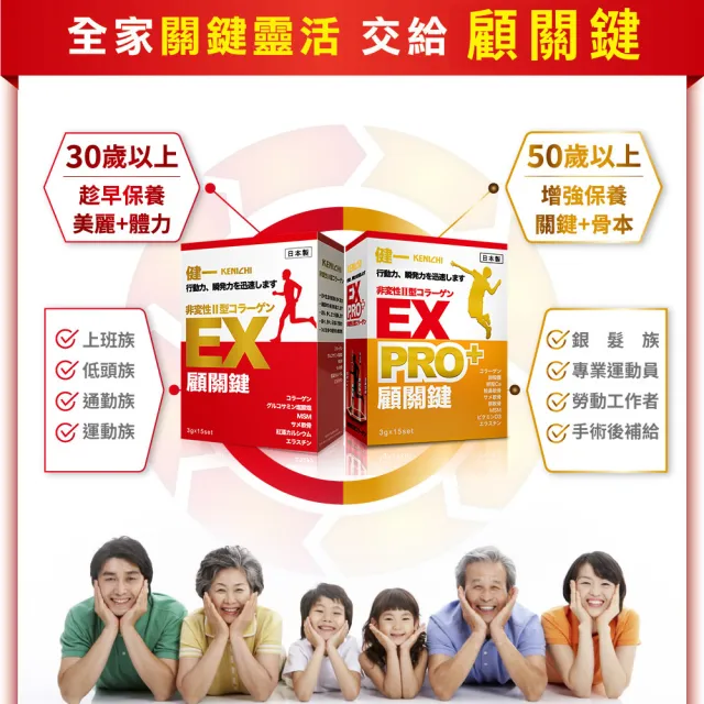 【KENICHI 健一】顧關鍵 日本原裝非變性二型膠原蛋白+葡萄糖胺_關鍵王 經典版x3盒 15包/盒(靈活/行動保健)