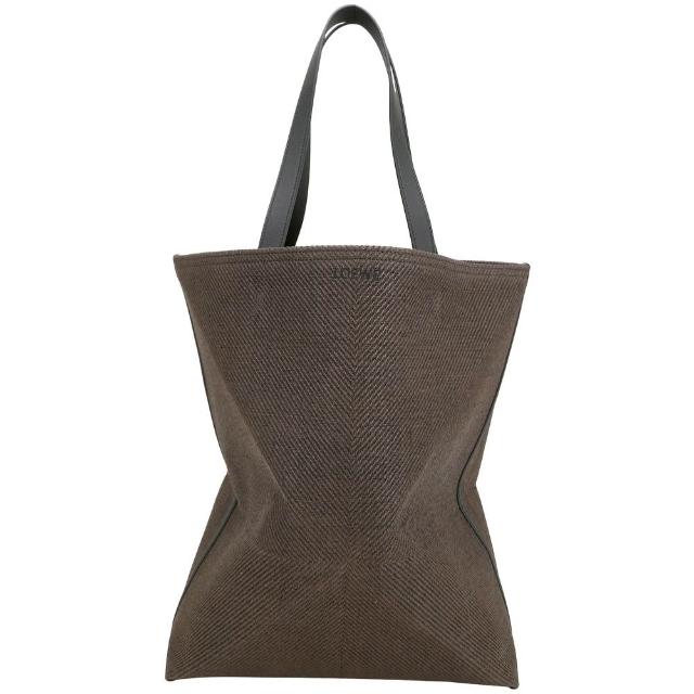 【LOEWE 羅威】Puzzle Fold XL 油蠟編織帆布切線可折疊肩背托特包-格紋帆布內裡x咖啡色