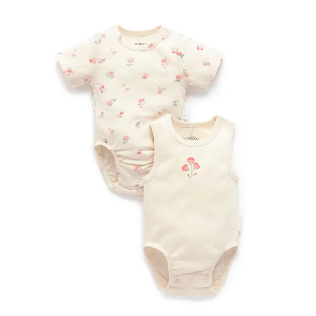 【Purebaby】澳洲有機棉 嬰兒短袖包屁衣雙件組(新生兒連身衣 單組 3款任選 彌月禮)