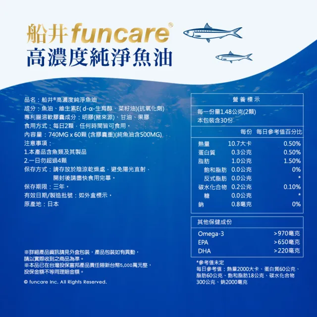 【funcare 船井生醫】97% Omega-3日本進口rTG高濃度純淨魚油60顆/盒(國民碩士阿嬤_張琴愛用推薦)