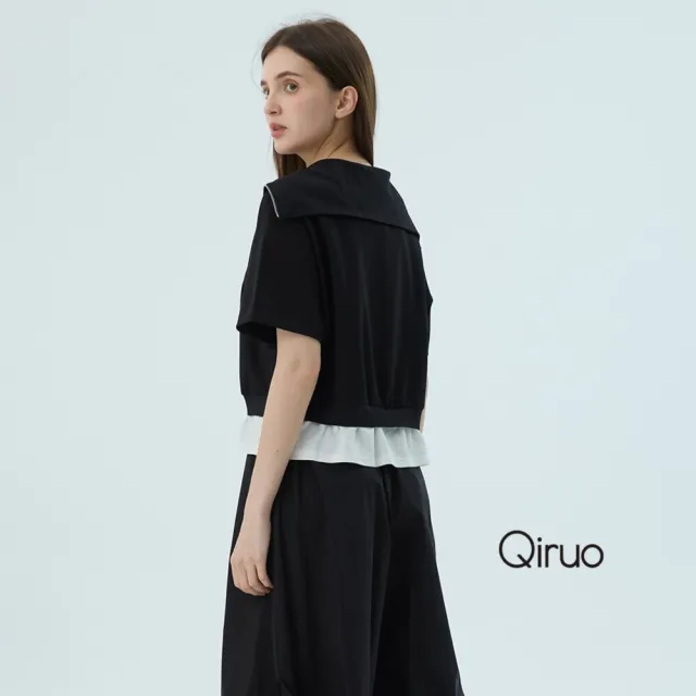 【Qiruo 奇若名品】春夏專櫃黑色上衣9095A 短袖開領造型