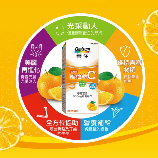 【CENTRUM 善存】維他命C 甜嚼錠 6盒組(60錠/盒-一天一錠 500mg維他命C 免配水 酸酸甜甜好滋味)